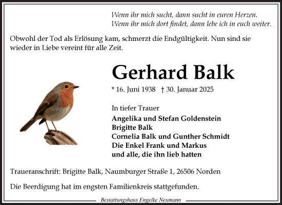 Traueranzeige von Gerhard Balk von Ostfriesischer Kurier