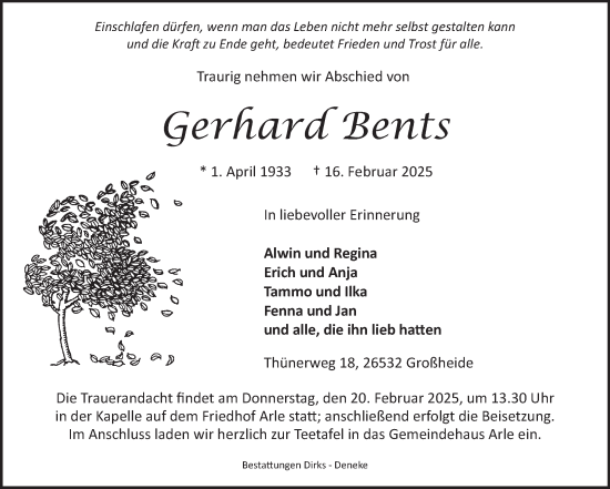 Traueranzeige von Gerhard Bents von Ostfriesischer Kurier