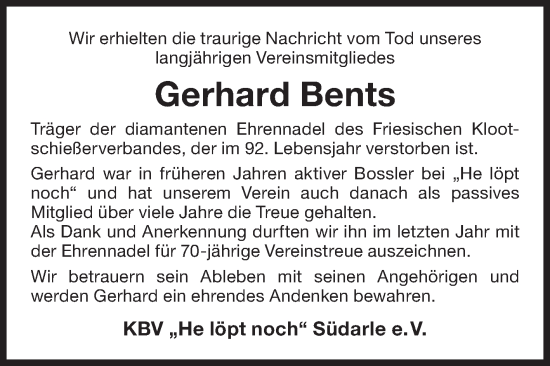 Traueranzeige von Gerhard Bents von Ostfriesischer Kurier