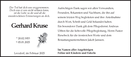 Traueranzeige von Gerhard Kruse von Ostfriesischer Kurier