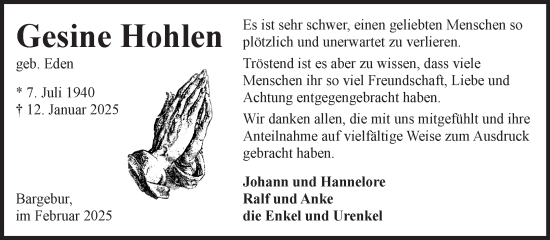 Traueranzeige von Gesine Hohlen von Ostfriesischer Kurier