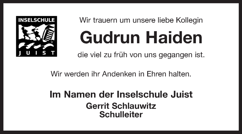  Traueranzeige für Gudrun Haiden vom 01.02.2025 aus Ostfriesischer Kurier