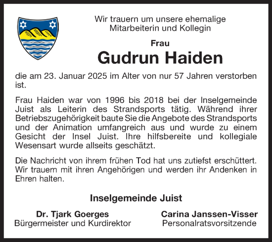 Traueranzeige von Gudrun Haiden von Ostfriesischer Kurier