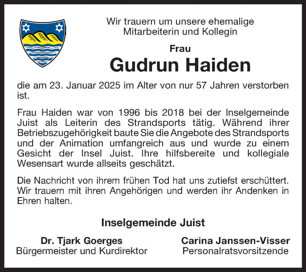  Traueranzeige für Gudrun Haiden vom 01.02.2025 aus Ostfriesischer Kurier