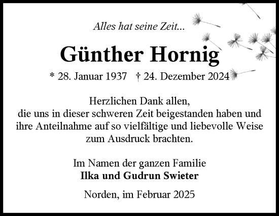 Traueranzeige von Günther Hornig von Ostfriesischer Kurier