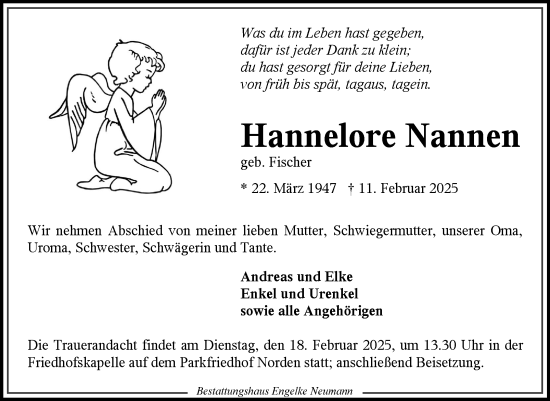 Traueranzeige von Hannelore Nannen von Ostfriesischer Kurier