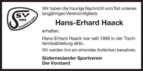 Traueranzeige von Hans-Erhard Haack von Ostfriesischer Kurier