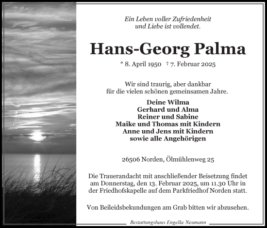 Traueranzeige von Hans-Georg Palma von Ostfriesischer Kurier