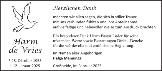 Traueranzeige von Harm de Vries von Ostfriesischer Kurier