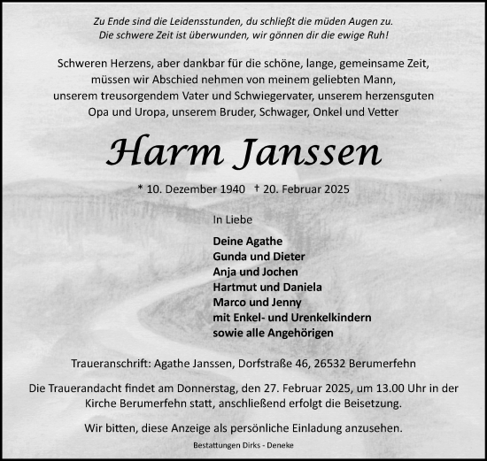 Traueranzeige von Harm Janssen von Ostfriesischer Kurier