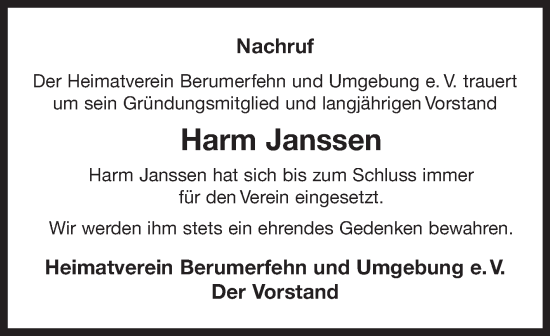 Traueranzeige von Harm Janssen von Ostfriesischer Kurier