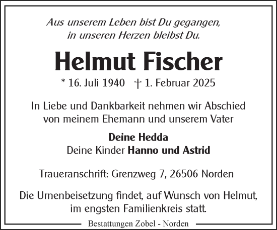 Traueranzeige von Helmut Fischer von Ostfriesischer Kurier
