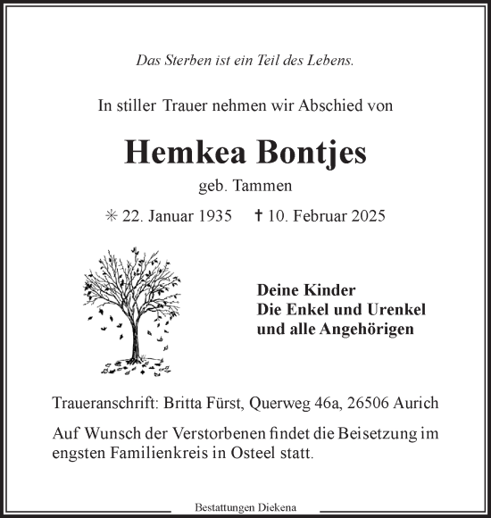 Traueranzeige von Hemkea Bontjes von Ostfriesischer Kurier