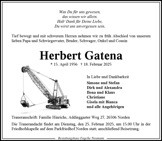 Traueranzeige von Herbert Gatena von Ostfriesischer Kurier