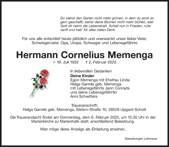 Traueranzeige von Hermann Cornelius Memenga von Ostfriesischer Kurier