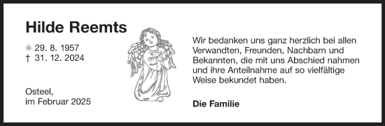 Traueranzeige von Hilde Reemts von Ostfriesischer Kurier