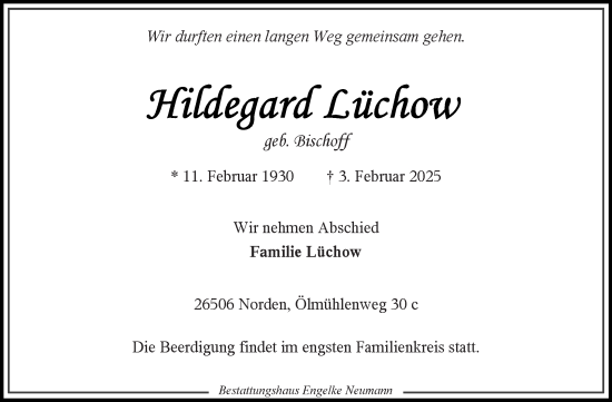 Traueranzeige von Hildegard Lüchow von Ostfriesischer Kurier