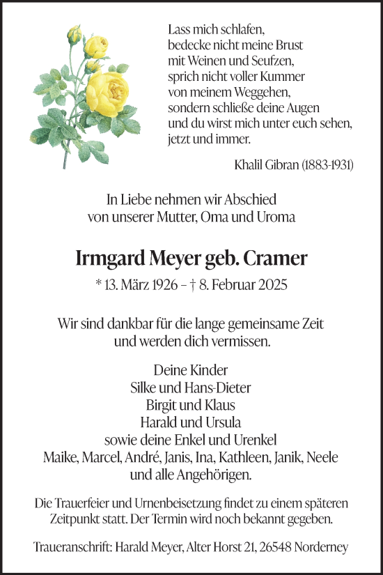 Traueranzeige von Irmgard Meyer von Ostfriesischer Kurier