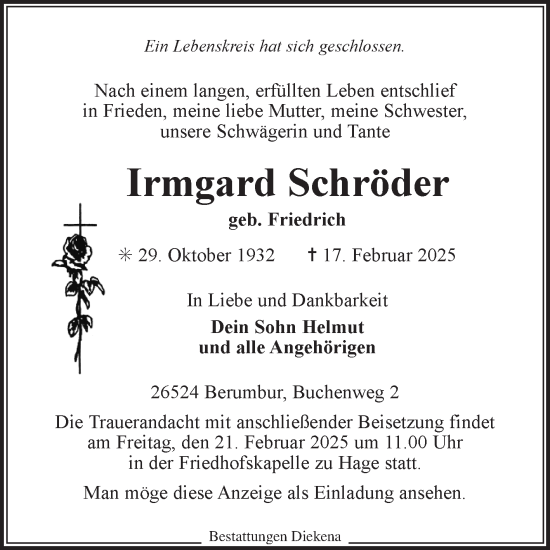 Traueranzeige von Irmgard Schröder von Ostfriesischer Kurier