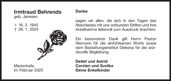 Traueranzeige von Irmtraud Behrends von Ostfriesischer Kurier