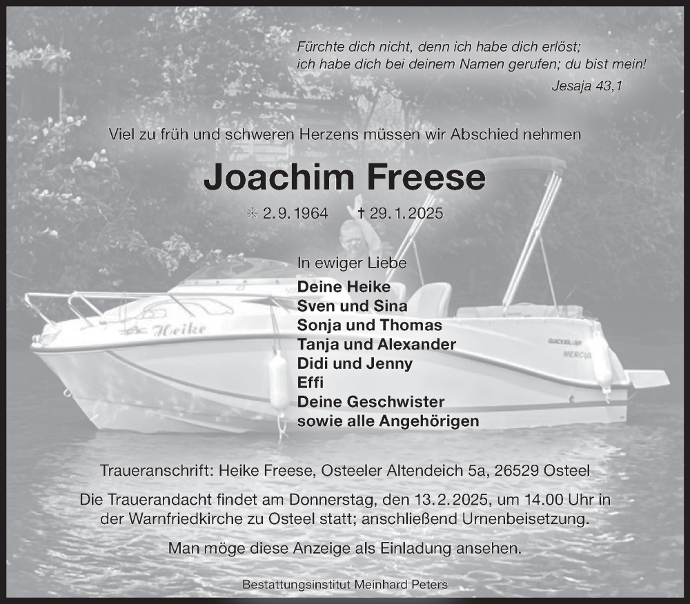  Traueranzeige für Joachim Freese vom 10.02.2025 aus Ostfriesischer Kurier