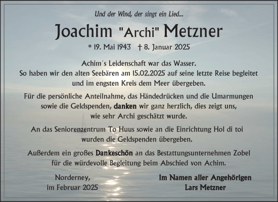 Traueranzeige von Joachim Metzner von Ostfriesischer Kurier