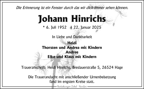 Traueranzeige von Johann Hinrichs von Ostfriesischer Kurier