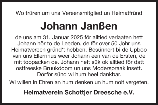 Traueranzeige von Johann Janßen von Ostfriesischer Kurier