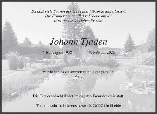 Traueranzeige von Johann Tjaden von Ostfriesischer Kurier
