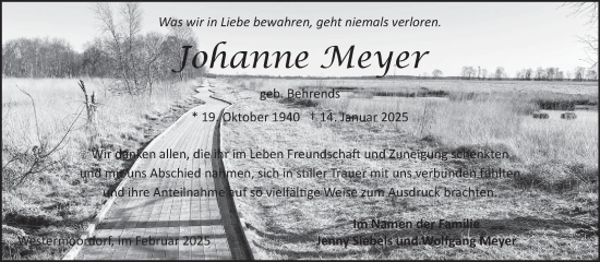 Traueranzeige von Johanne Meyer von Ostfriesischer Kurier