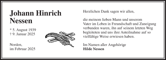 Traueranzeige von Johann Hinrich Nessen von Ostfriesischer Kurier