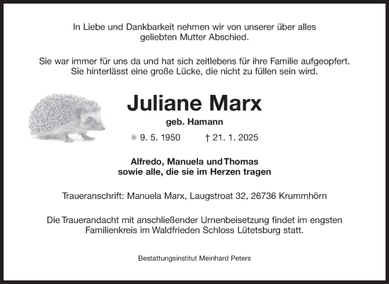 Traueranzeige von Juliane Marx von Ostfriesischer Kurier