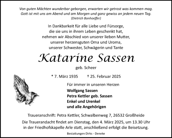 Traueranzeige von Katarine Sassen von Ostfriesischer Kurier