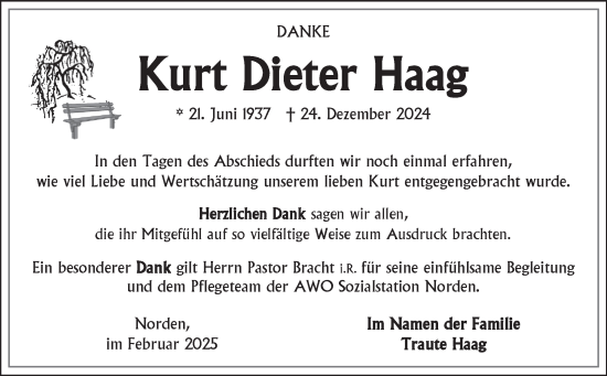 Traueranzeige von Kurt Dieter Haag von Ostfriesischer Kurier