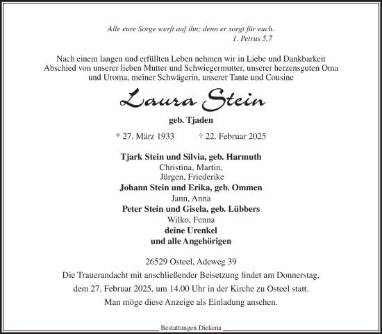 Traueranzeige von Laura Stein von Ostfriesischer Kurier