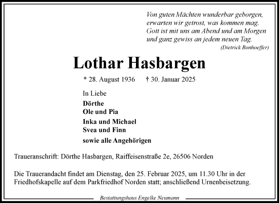 Traueranzeige von Lothar Hasbargen von Ostfriesischer Kurier