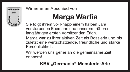 Traueranzeige von Marga Warfia von Ostfriesischer Kurier