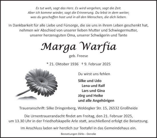 Traueranzeige von Marga Warfia von Ostfriesischer Kurier