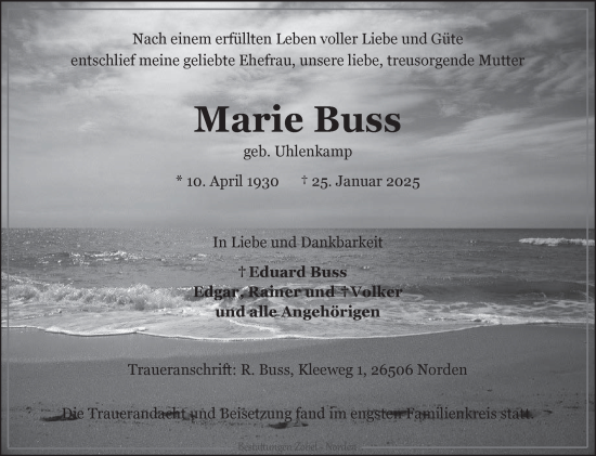 Traueranzeige von Marie Buss von Ostfriesischer Kurier