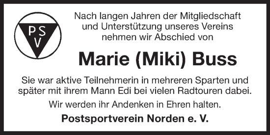 Traueranzeige von Marie Buss von Ostfriesischer Kurier