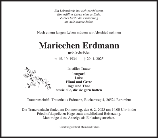 Traueranzeige von Mariechen Erdmann von Ostfriesischer Kurier
