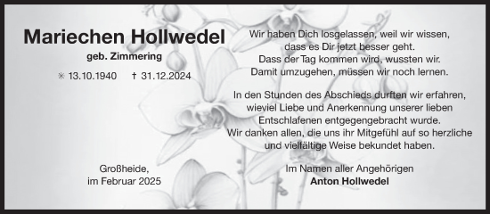 Traueranzeige von Mariechen Hollwedel von Ostfriesischer Kurier