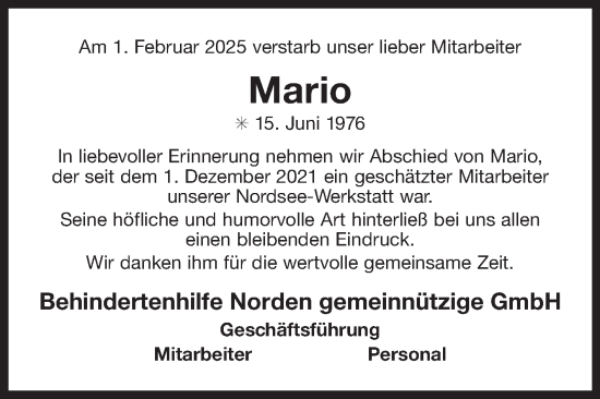 Traueranzeige von Mario  von Ostfriesischer Kurier