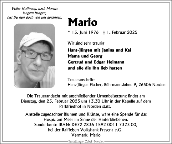 Traueranzeige von Mario  von Ostfriesischer Kurier