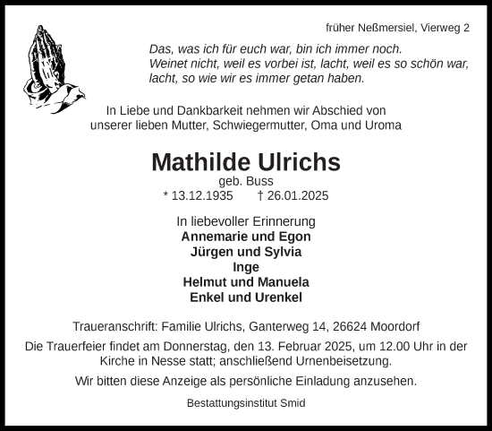 Traueranzeige von Mathilde Ulrichs von Ostfriesischer Kurier
