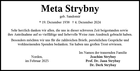 Traueranzeige von Meta Strybny von Ostfriesischer Kurier