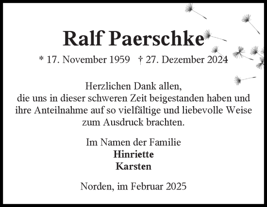 Traueranzeige von Ralf Paerschke von Ostfriesischer Kurier