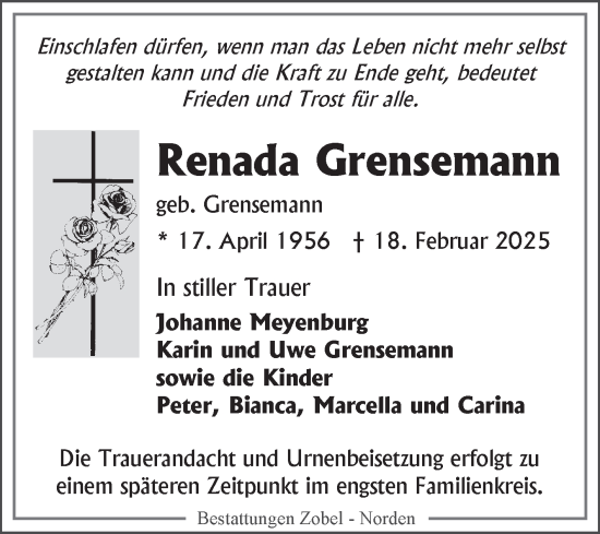Traueranzeige von Renada Grensemann von Ostfriesischer Kurier