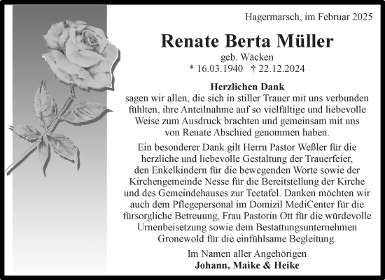 Traueranzeige von Renate Berta Müller von Ostfriesischer Kurier