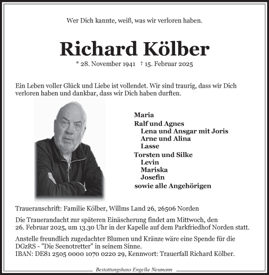 Traueranzeige von Richard Kölber von Ostfriesischer Kurier